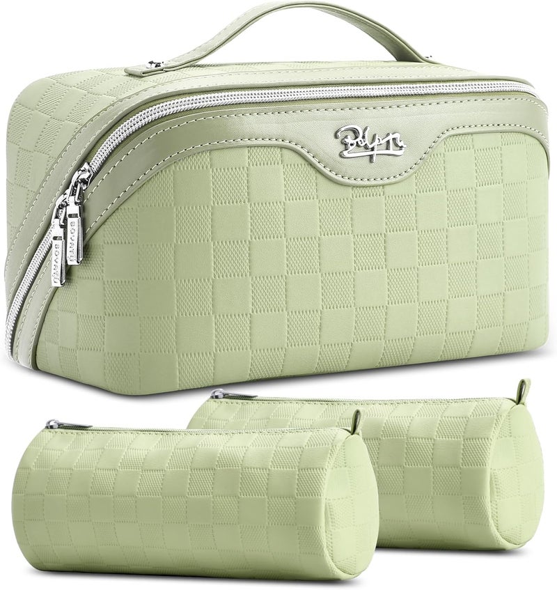 BOYATU Travel Makeup Bag Organizer Cosmetic Bag: 3 Pcs Set Make up Bags for Women with Handle - Waterproof Vegan Leather Toiletry Bags Travel Essentials Pouch with Compartments (01-D-Green) - Image 1